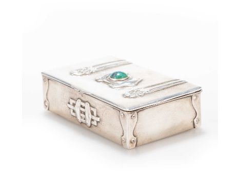 AN ARTS AND CRAFTS SILVER AND ENAMEL BOX by C &amp; Co, Birmingham 1904, rectangular, chased with strapwork to the hinged cov