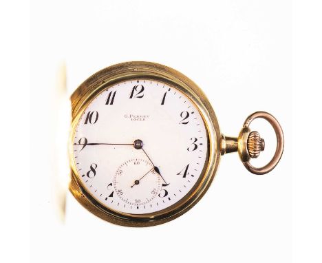 AN 18K GOLD FULL HUNTER POCKET WATCH circular white enamel dial signed G Perret, blued steel hands, black Arabic indices and 