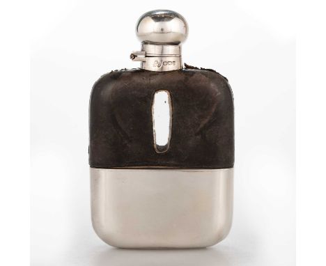 A GEORGE V SILVER HIP FLASK by Elkington &amp; Co Ltd, Sheffield 1928, with bayonet top and leather-covered upper above a rem