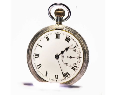 A SILVER HALF HUNTER POCKET WATCH circular white enamel dial with black Roman index and outer minute track, sub seconds dial 