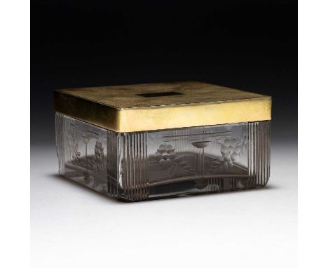 A GEORGE VI SILVER-GILT TOPPED AND CUT-GLASS BOX maker ADLD, London 1938, square, the pull-off cover with engine turning and 