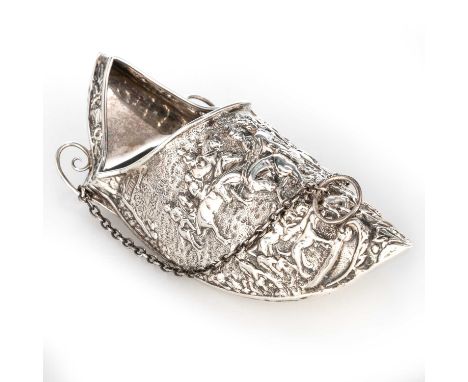 AN EDWARDIAN SILVER WALL POCKET by George Nathan &amp; Ridley Hayes, Chester 1902, in the form of a pointed shoe, chased with