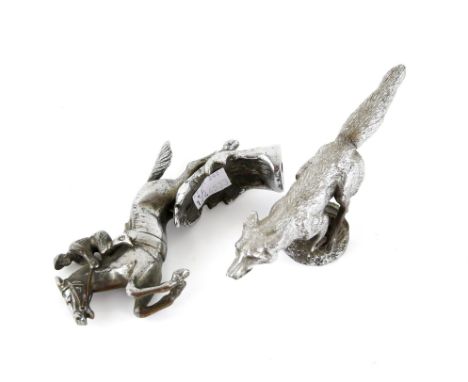 Two vintage cast metal car mascots - includes springing fox mascot (16cm in length) & a jumping horse mascot (16cm in height)