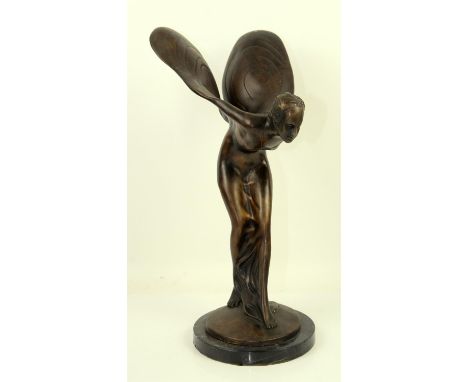 Large Spirit of Ecstasy bronze sculpture, on circular black marble base, unsigned, 52.5cm in height 