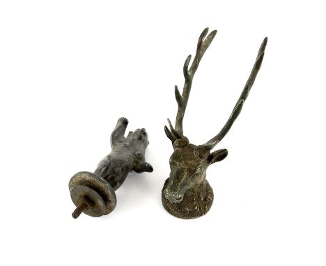 Two vintage car mascots - includes angular stag mascot (12cm in height) & a grizzly bear mascot (12cm in height) 
