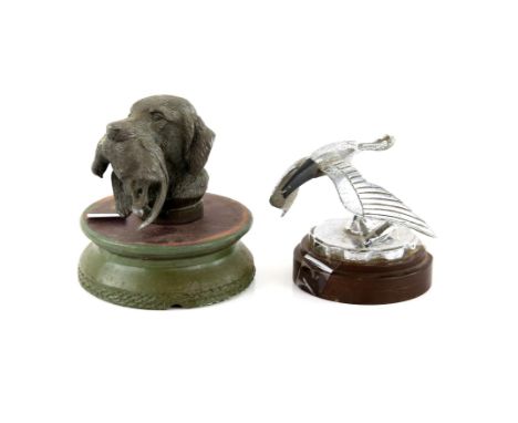 Two vintage car mascots on bases- includes a dog 'with a pheasant in its mouth' vintage car mascot on green ceramic base (15c