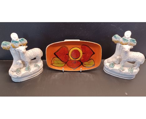 PAIR STAFFORDSHIRE SHEEP WITH LAMBS 6" TALL AND A POOLE POTTERY DISH