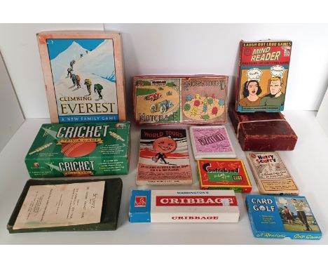 VINTAGE BOARD GAMES CLIMBING EVEREST, MOTORACE, MIND READER, CRICKET TRIVIA, WORLD TOURS, PUZZLEDEM, CONTRABAND, HURRY SCURRY