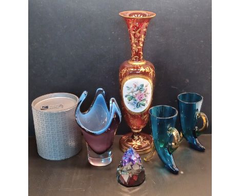 ART GLASS - MURANO SIGNED VASE, PAIR TEAL HORN VASES, RUBY&nbsp; FLORAL VASE 32CM TALL&nbsp; AND SWAROVSKI HELIOTROPE