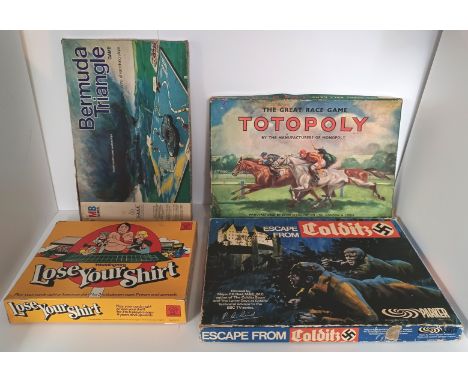 4 VINTAGE BOARD GAMES ESCAPE FROM COLDITZ, BERMUDA TRIANGLE, TOTOPOLY, LOSE YOUR SHIRT