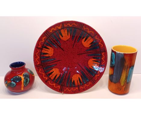 3 POOLE POTTERY - 'VOLCANO', 'GEMSTONE' VASES AND DISH 26.5CM DIAMETER