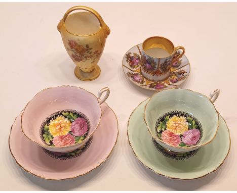 2 PARAGON CUPS AND SAUCERS A1255 PINK FLORAL AND A1322 PALE GREEN FLORAL, BOTH WITH CHRYSANTHEMUM ROYAL WORCESTER BRUSHWARE V