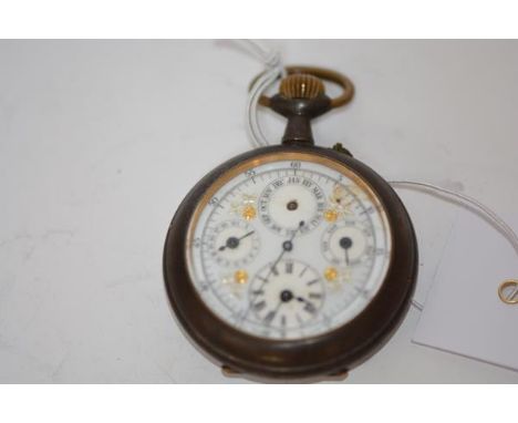 A late 19th century gun-metal cased calendar pocket watch, probably Swiss, the white enamel dial with outer sweep seconds dia