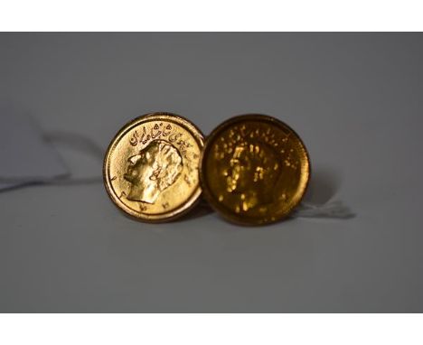 Pahlavi Dynasty: two half Pahlavi gold coins, mounted as cufflinks in 18ct gold settings. 14.6 grams