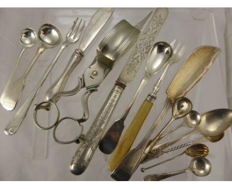 A Quantity of Silver and Silver Plate including fish knife, mustard spoon, pickle fork, fruit knife, salt spoon etc.