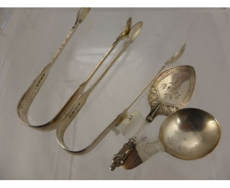 A Georgian Silver Sugar Tongs, London hallmark dd 1827 mm W.C. together with another pair of sugar tongs marks rubbed, a cadd