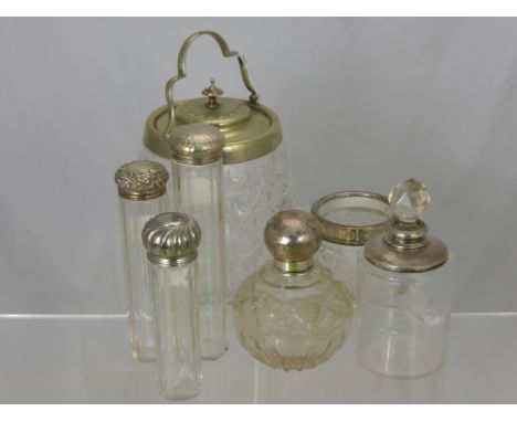 Three Cut Glass and Silver Topped Dressing Table Jars, together with two silver topped perfume bottles, silver handled shoe h