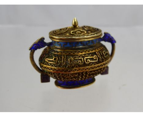 A Miniature Silver Oriental Enamel Twin Handle Filigree Basket, the silver gilt basket having wired handle with geometric des