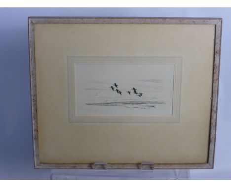Sir Peter M Scott (1909-1989) Geese over Loch, pen and ink drawing signed lower left, framed and glazed, approx 11 x 19.5 cms