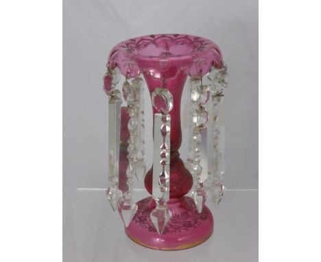 A Victorian Cranberry Glass Table Lustre, with cut glass drops, approx 26 cms high.