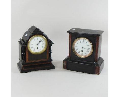 A Victorian black slate mantel clock, 23cm high, together with a Victorian ebonised mantel clock
