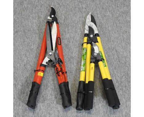 A yellow power pruner, lopper and shears set, together with a red lopper, shear and secateur set