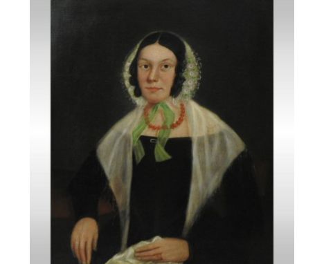 English School, 19th century, portrait of a young lady in a black dress and shawl, seated with her hand in her lap, half leng