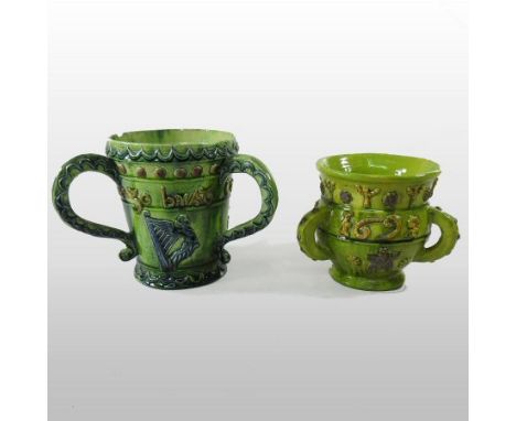 A Castle Hedingham green glazed pottery three handled cup, inscribed Robart Shaw 1692, 12cm high, together with a Castle Hedi