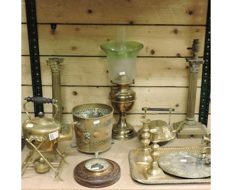 A shelf of 19th century and later metalwares, to include a barometer and an oil lamp