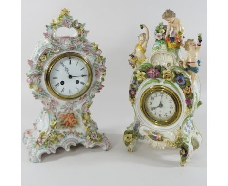 An early 20th century Dresden style porcelain cased mantel clock, 35cm high, together with another similar