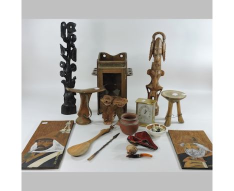 A collection of ethnic items, to include a miniature cabinet, African carvings, together with a carriage clock