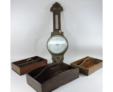 Three various 19th century wooden cutlery trays, together with an early 20th century oak cased aneroid barometer