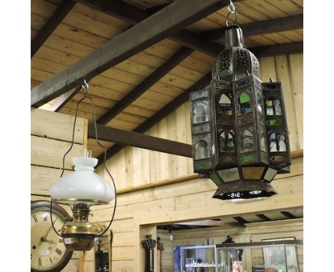 A Moroccan lantern, 52cm, together with a brass hanging oil lamp 