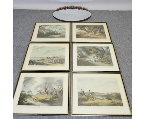 A collection of six hunting related prints, 32 x 44cm each, together with a wall mirror