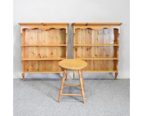 A small pine hanging shelf, together with another and a beech stool, 64cm