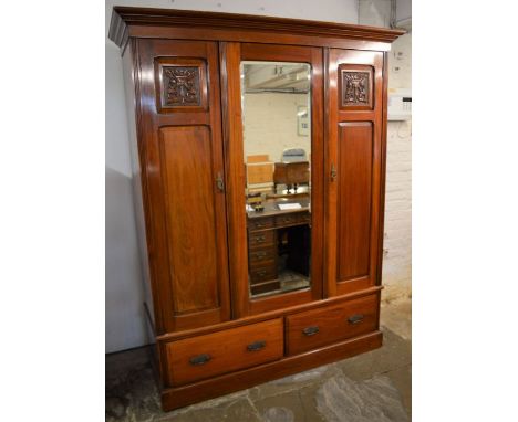 Large Victorian mahogany mirror front double wardrobe Ht 204cm W 161cm D55cm