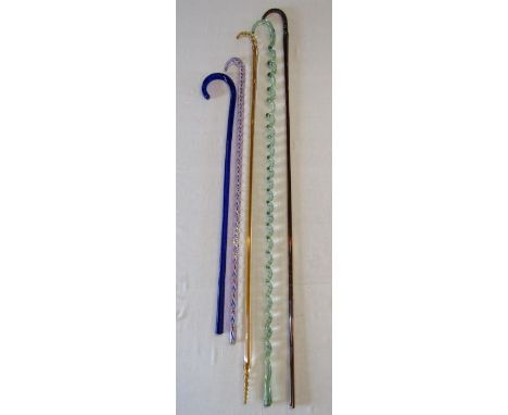 5 glass canes - blue glass incised twist walking stick - clear glass walking stick with outer red and blue spiralling edged i