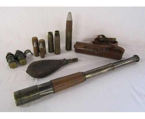 Leather bound telescope with leather carry case, leather gun powder flask and military shell cases