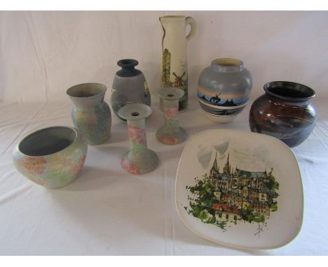 Vintage hand painted Parisian scene French jug and plate, an American vase and a selection of Conwy pottery and other vases a