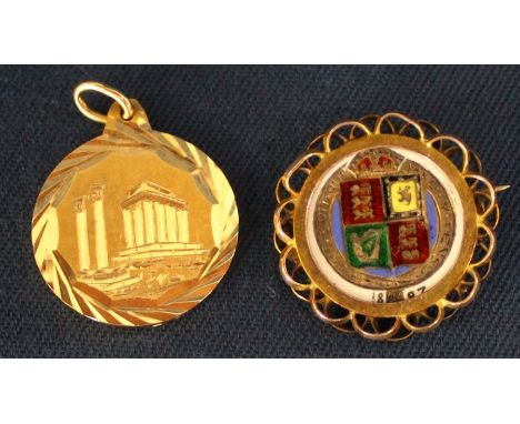 Enamel &amp; gilt shilling coin in 9ct gold mount (5.5g) &amp; gold pendant marked 585 (3.2g)