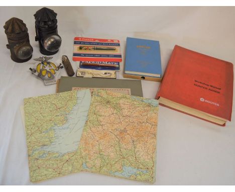 2 carbide lamps, vintage AA badge, tyre pressure gauge, Austin Log Book&nbsp; &amp; Diary 1967, Hunter Range Workshop manual,