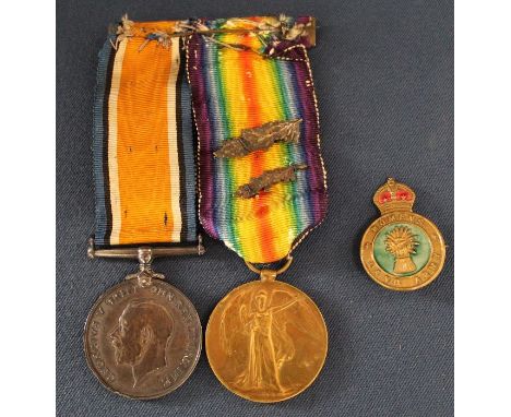 Pair of WW1 war medals issued to A.W.O.CL 2 J.T Perkins Lincolnshire Regiment (with two oak leaf clusters) &amp; Women's Land