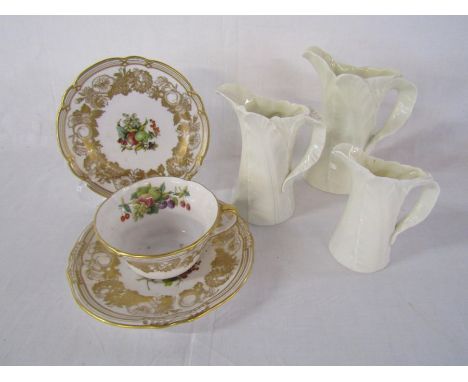 3 x Royal Worcester cream cabbage leaf jugs and Spode 7049 'Golden Valley Orchard' cup and small plate and Spode 7840 'Golden