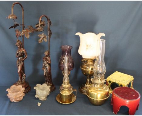 Two Art Nouveau style figural table lamps, 3 paraffin lamps, Mason candle lamp, majolica stand &amp; 1 other