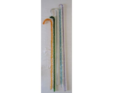 5 glass canes - clear glass walking stick containing red, white and blue spiralling - pale green glass spirally hollow moulde