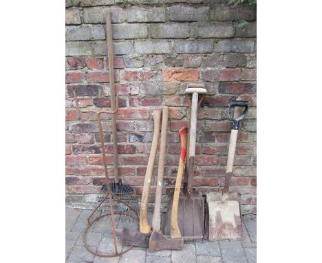 Various garden tools including axes, shovels, fork etc