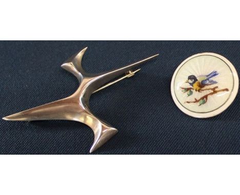 Vintage 1975 stylised silver brooch by George Tarratt for Ernest Blyth &amp; Continental silver and enamel bird brooch