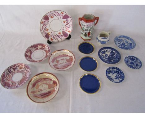 Small collection of items including Lustre saucers, Chinese saucers, Willow Wedgwood, Coalport Athlone blue, blue and white W