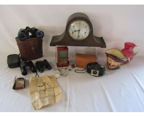 Mixed collection of items including cranberry glass jug, Kodak Brownie camera, vintage tin toy, The Rapid field and opera gla