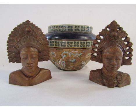 Doulton &amp; Slaters Lambeth planter (some signs of repair to rim) and a pair of wooden Bali tribal heads/busts